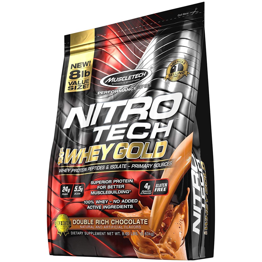 MUSCLETECH NITRO TECH 100% WHEY GOLD DOUBLE RICH CHOCOLATE	8 LBS